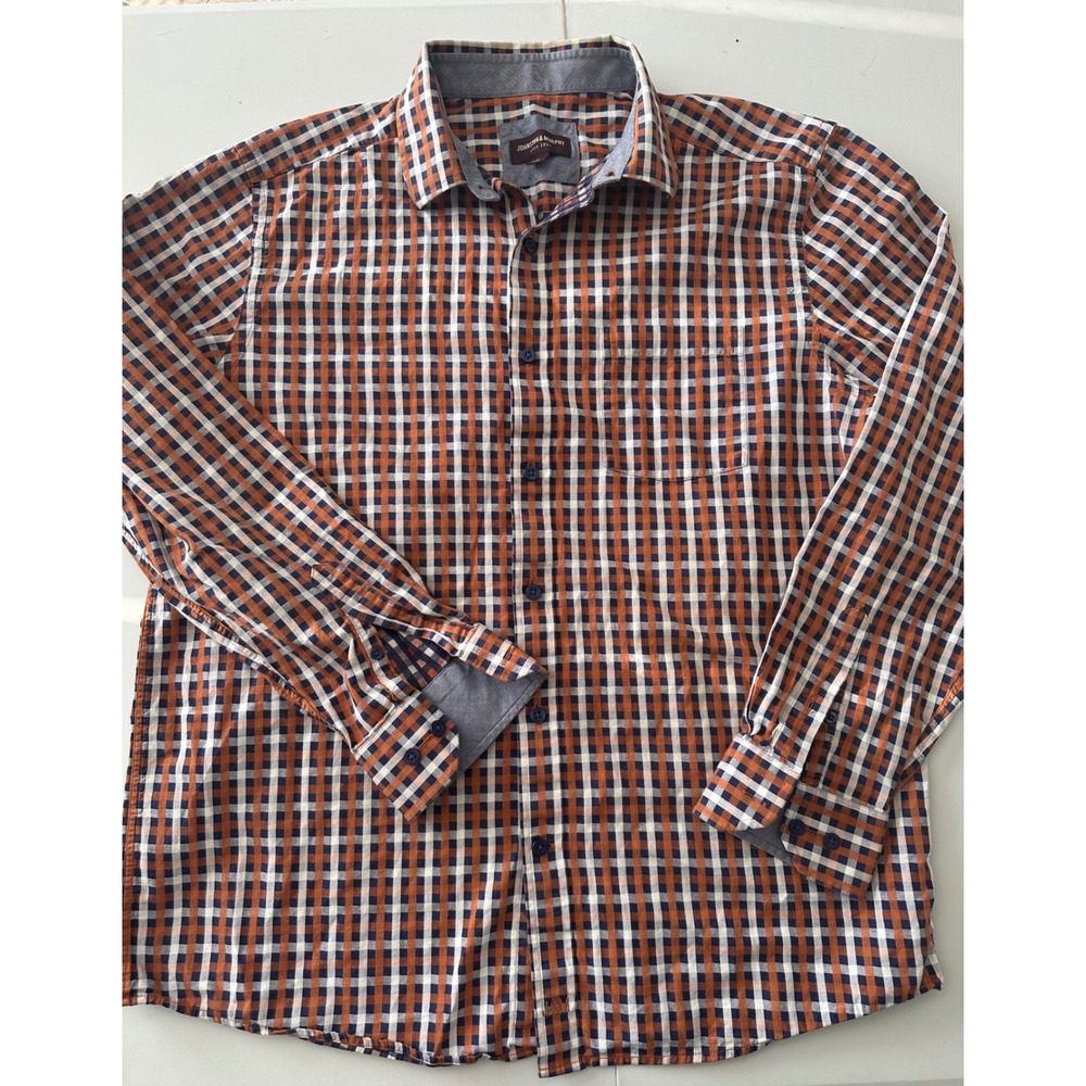 Johnston & Murphy Mens Large Orange Navy Blue Gingham Cotton Button Down Shirt